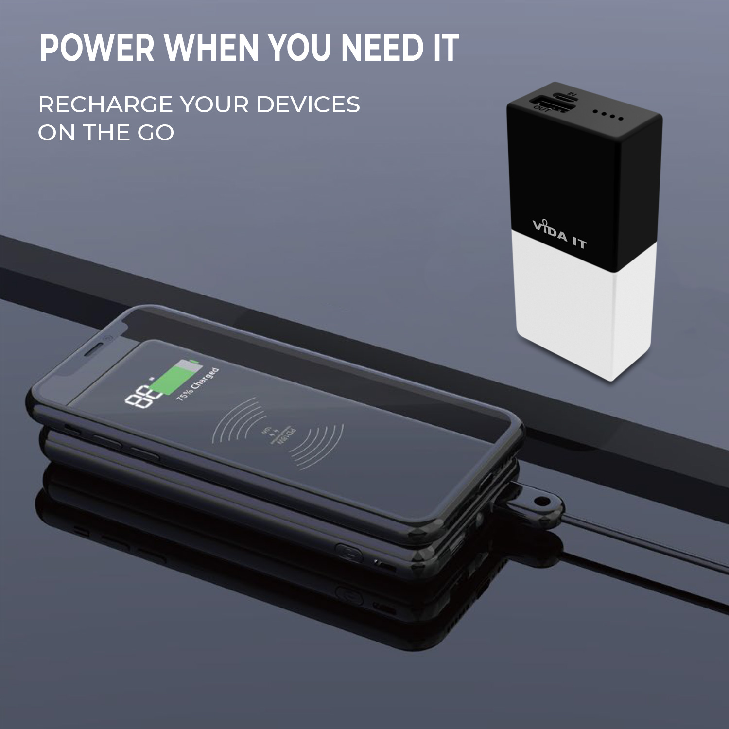 F50 - Strong Portable 5000mAh capacity Compact Power Bank Travel Emergency USB Charger External Battery Pack High Power Output 2.1A with Micro-USB charging cable and iPhone lightning and USB C type-c adapters for mobile phone smartphone.