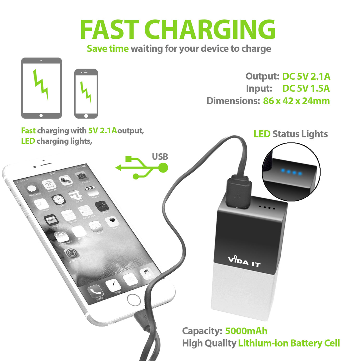 F50 - Strong Portable 5000mAh capacity Compact Power Bank Travel Emergency USB Charger External Battery Pack High Power Output 2.1A with Micro-USB charging cable and iPhone lightning and USB C type-c adapters for mobile phone smartphone.