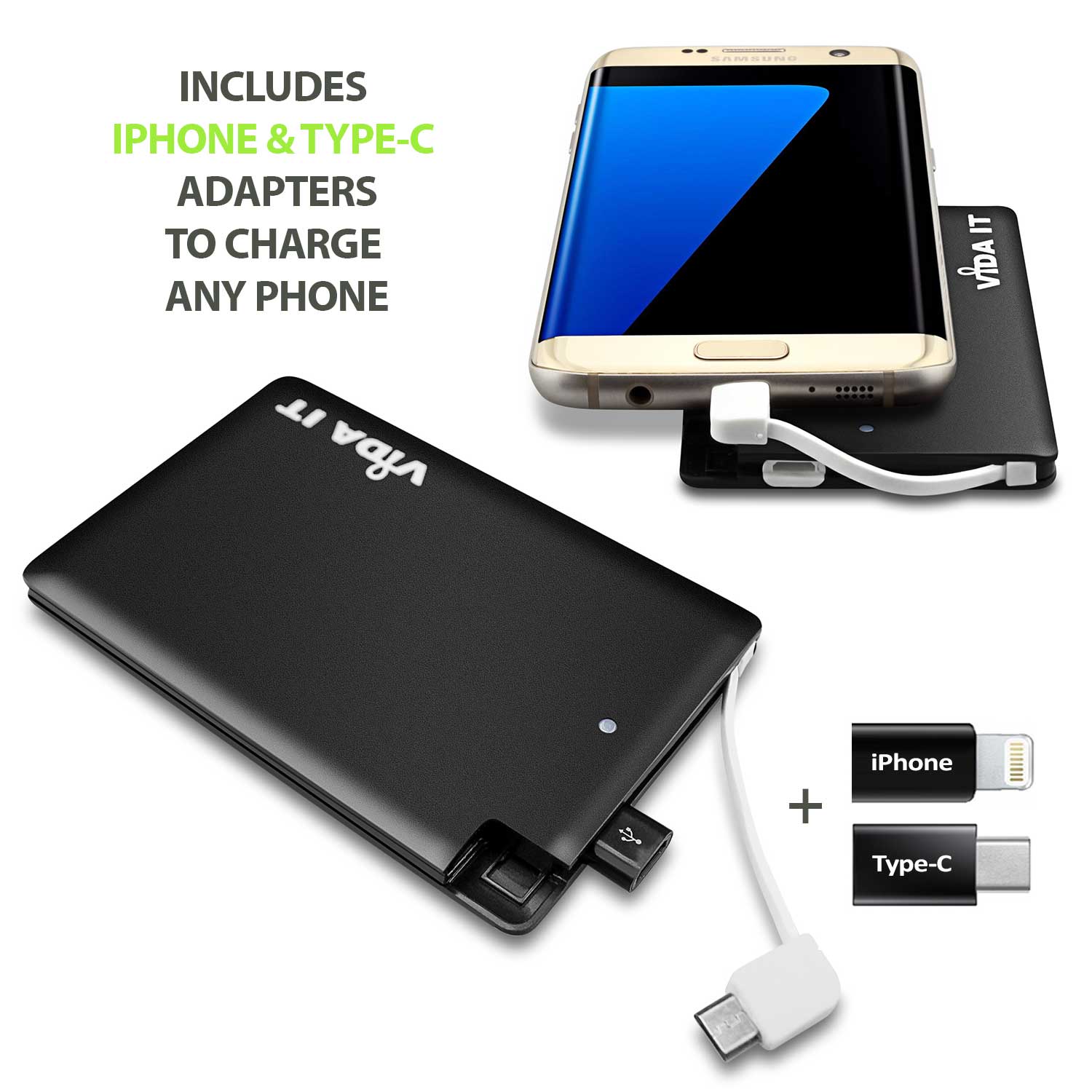 Slim credit card design Power Bank 2500mAh external battery pack thin portable USB charger with built-in micro-usb charging cable plus two adapters for iPhone and type-C usb-c connectors for mobile phone smartphone tablet pc