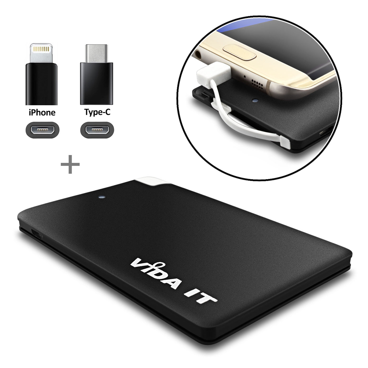 Slim credit card design Power Bank 2500mAh external battery pack thin portable USB charger with built-in micro-usb charging cable plus two adapters for iPhone and type-C usb-c connectors for mobile phone smartphone tablet pc
