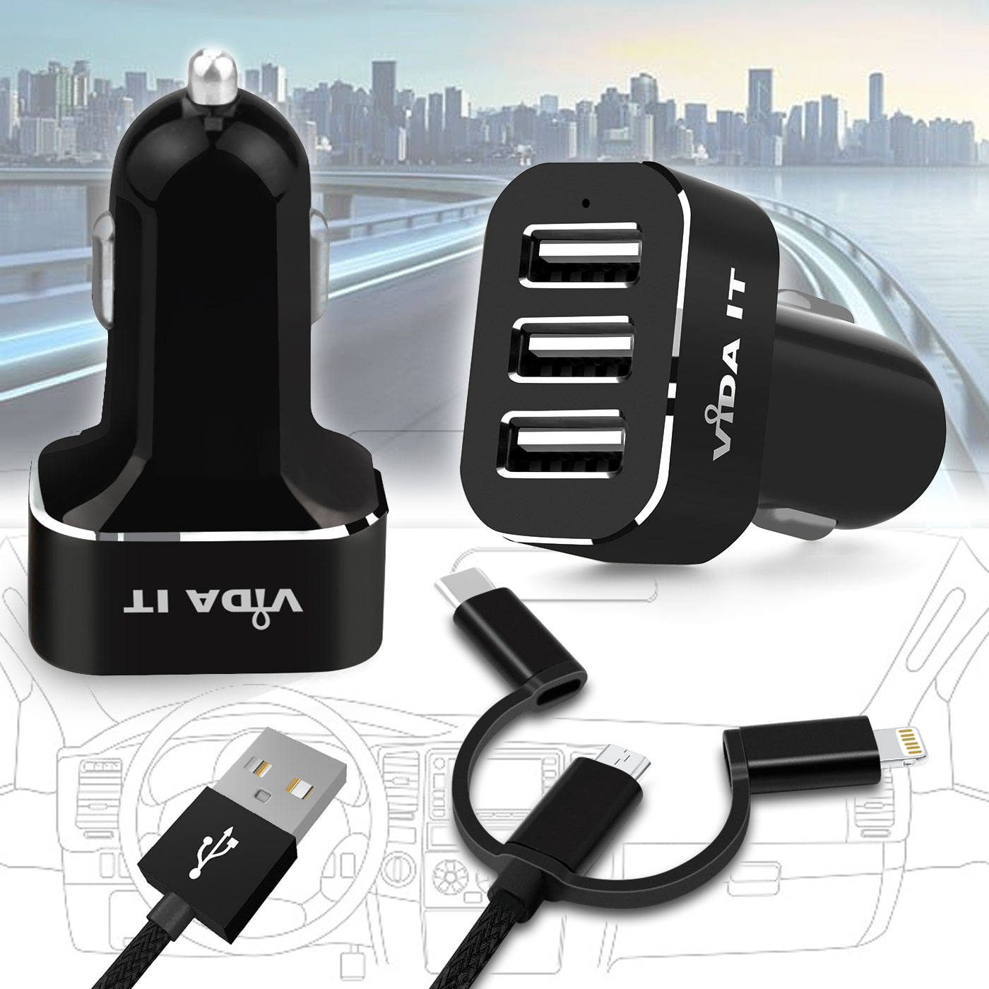 Fast Multi Port USB Car Charger 12v-24v Power Adapter 2.1A/5.2A + Free USB Cable - Picture 7 of 7