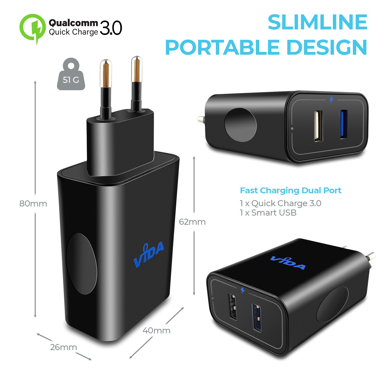  super fast European 2-pin plug compact Vida IT VS3 - USB 2 Port Compact Wall Charger with Quick Charge 3.0 Technology 30W EU plug black colour for mobile phone smartphone cell phone tablet PC usb-powered devices