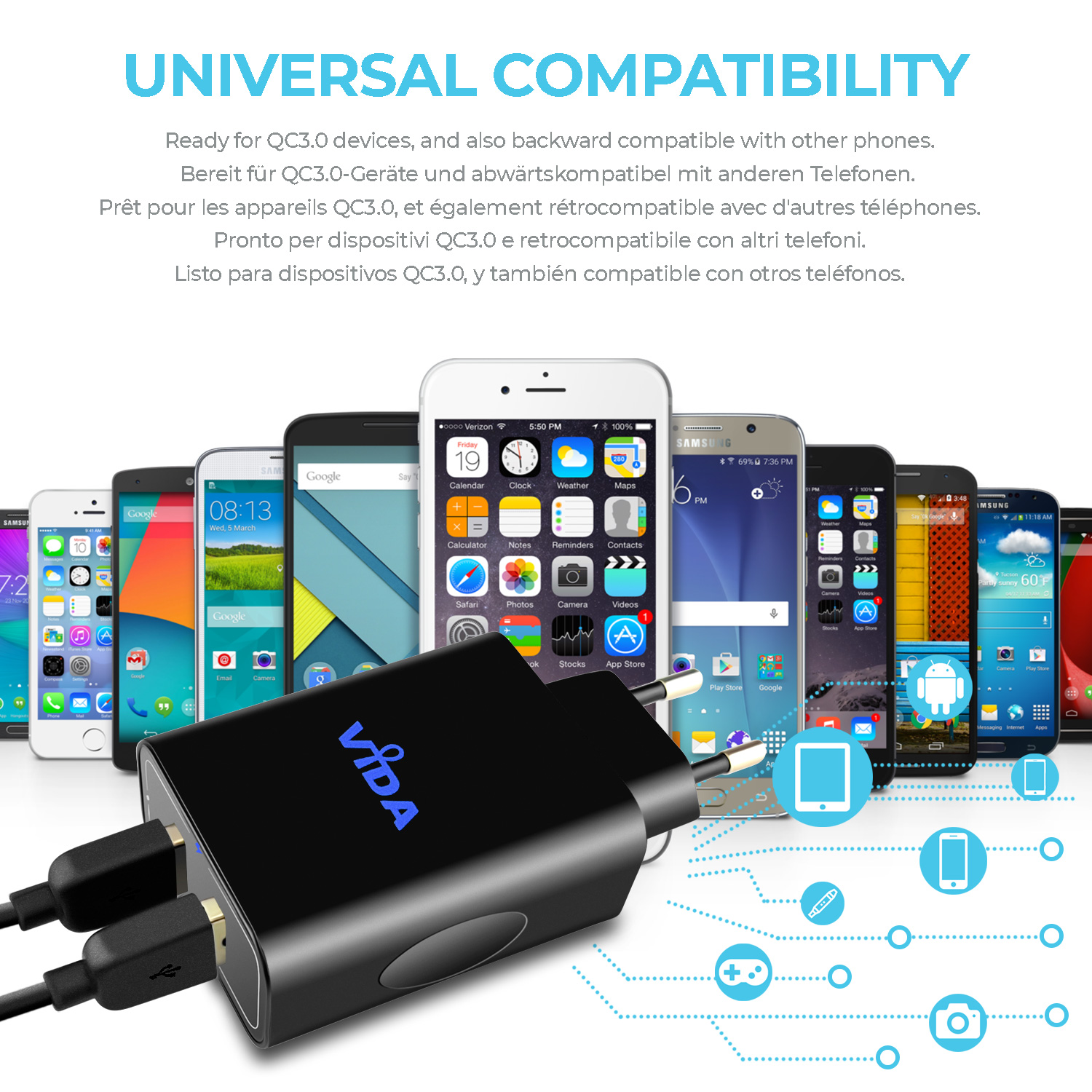  super fast European 2-pin plug compact Vida IT VS3 - USB 2 Port Compact Wall Charger with Quick Charge 3.0 Technology 30W EU plug black colour for mobile phone smartphone cell phone tablet PC usb-powered devices