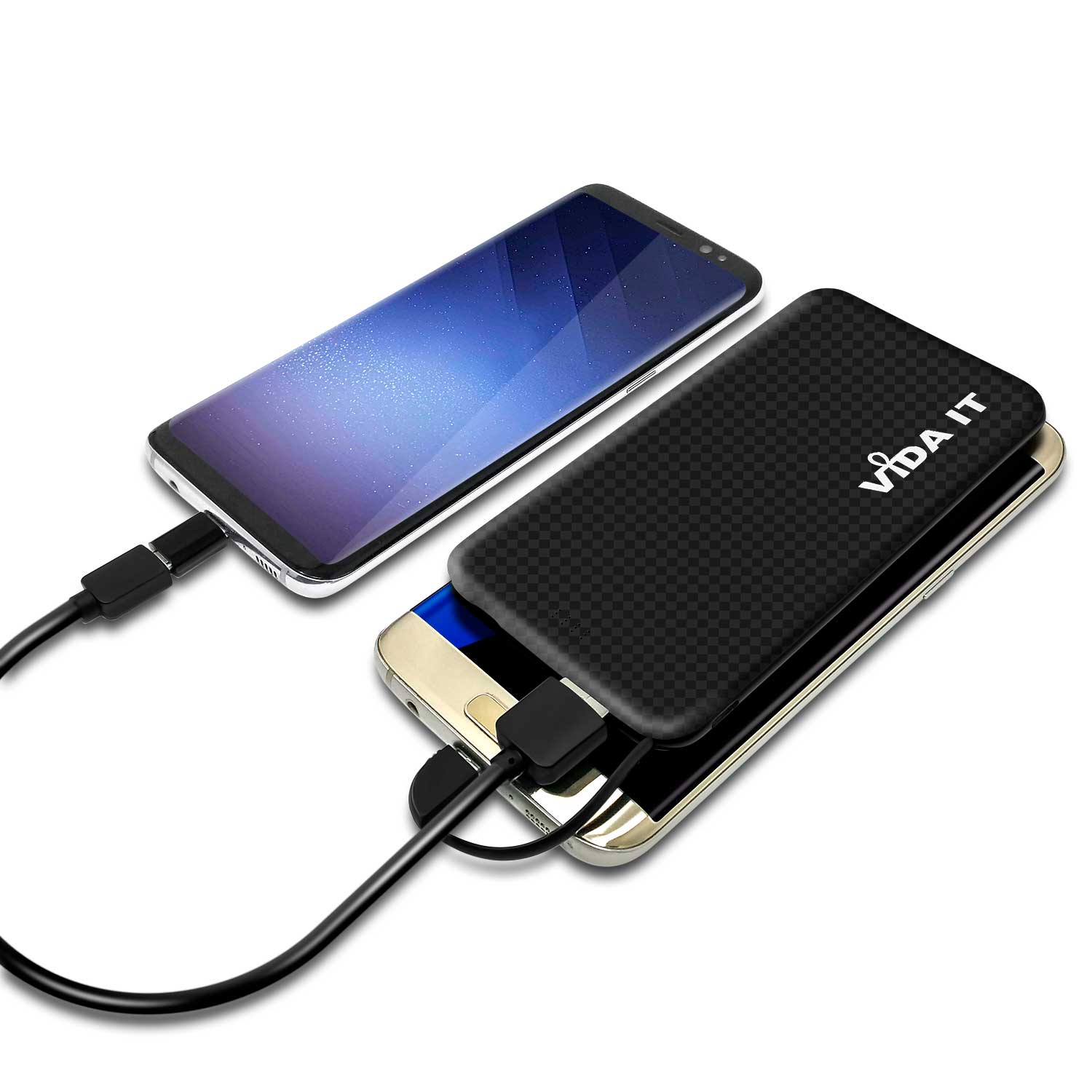 V502 Slim 9mm Dual Port 5000mAh Power Bank Portable External Emergency Battery Pack USB Charger with Built-in Micro USB cable plus Apple-Lightning and USB-C Adapters in Black Colour