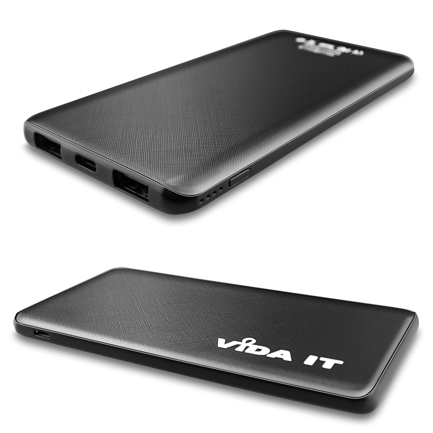 Vida IT® V506 Power Bank 5000mA Dual USB Port und Typ C Ausgang 2A mit Micro USB ladekabel+ 2 Adapter: USB-C und iPhone- - Schwarz