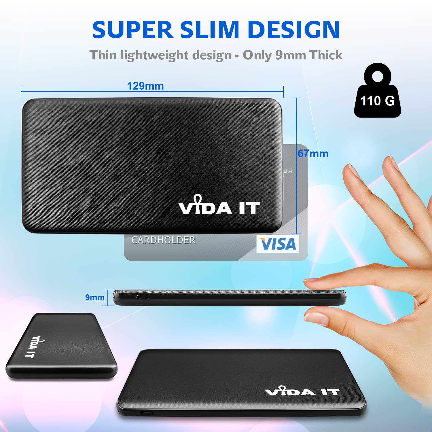 Vida IT V506 Lightweight 9mm Slim Design Travel 3 Port 5000mAh Power Bank Fast Charging 2A Portable External Emergency Battery Pack USB Charger in Black Colour with USB cable and iPhone and USB-C Adapters