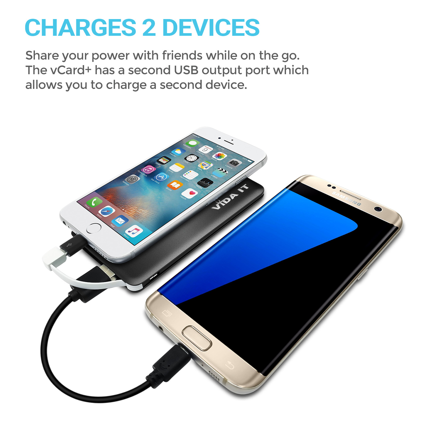 vCard+ 4000mAh slim power bank Capacity dual port USB external battery pack thin portable USB charger with built-in micro-usb charging cable plus two adapters for iPhone and type-C usb-c connectors for iPhone iPad Android mobile phone smartphone tablet pc