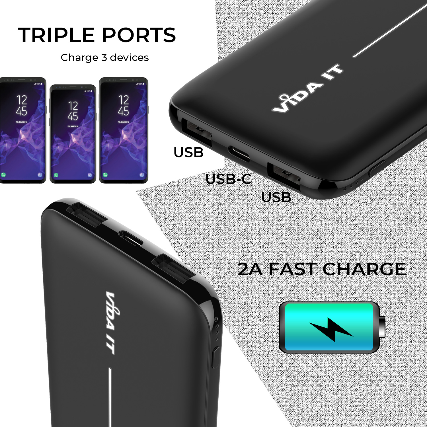 Vida IT® vFab Power Bank 8000mA Dual USB Port und Typ C Ausgang 2A mit Micro USB ladekabel+ 2 Adapter: USB-C und iPhone- - dunkelgrau