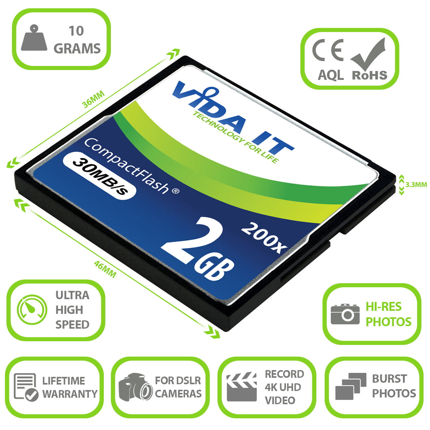 Vida It 2GB CF Compact Flash Memory Card High Speed 200x 30MB/s For SLR Camera